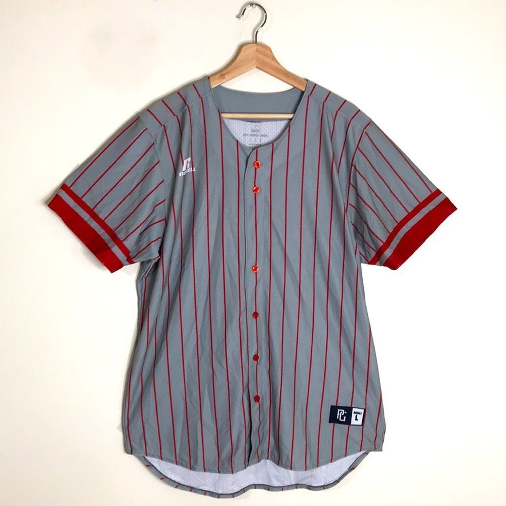 Russell Athletic Mens Baseball Jersey Perfect Game Pinstripe Gray Size L
